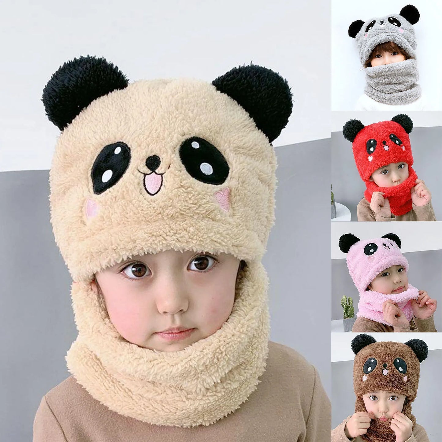 Winter Baby Cap Set Velvet Cartoon Panda Rabbit Baby Head Cover Warm Neck Collar Kids Beanies Sets Plush Children Hat Scarf.