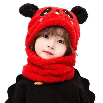 Winter Baby Cap Set Velvet Cartoon Panda Rabbit Baby Head Cover Warm Neck Collar Kids Beanies Sets Plush Children Hat Scarf.